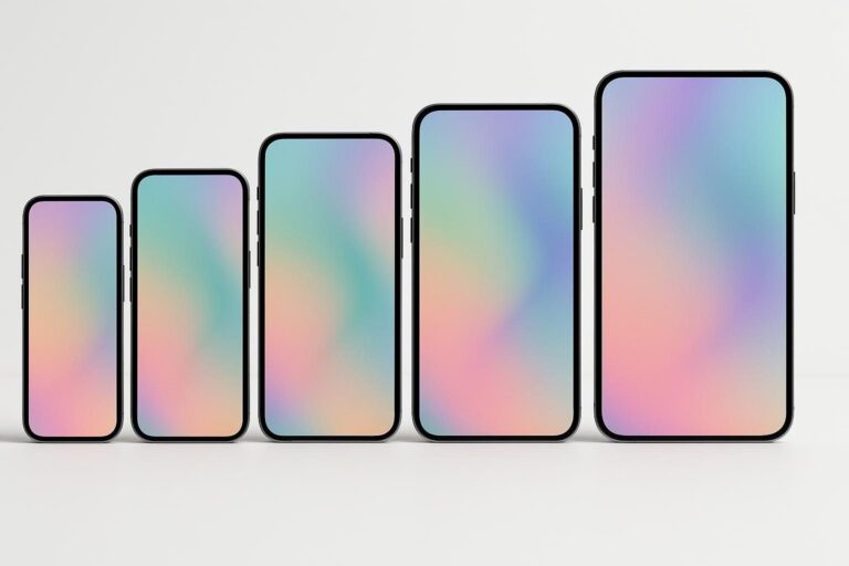 Current iPhone models of increasing sizes standing in a row in a white studio