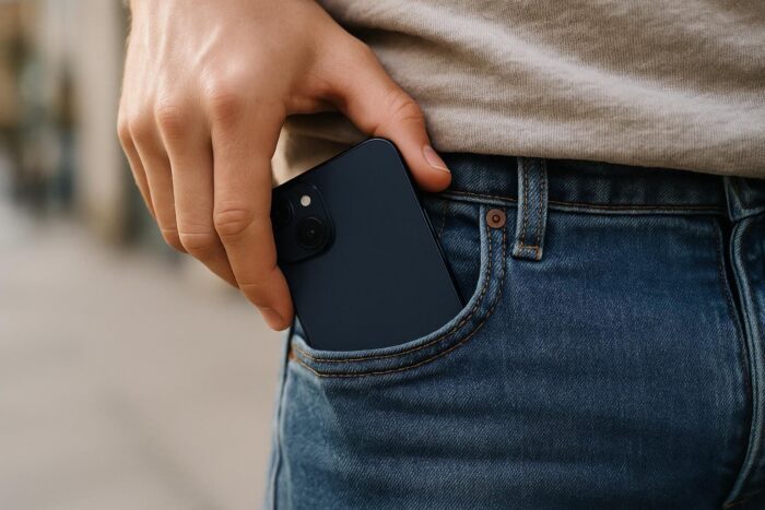 Hand slipping a small iPhone 13 mini into the front pocket of jeans on a city street