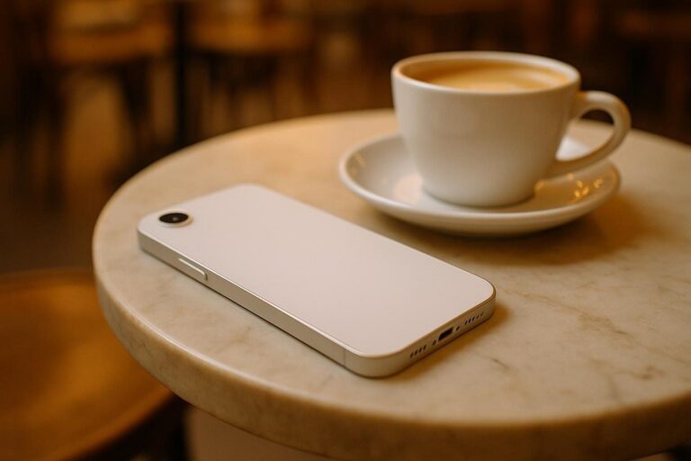 iPhone 16e with its single rear camera lying on a café table beside a coffee