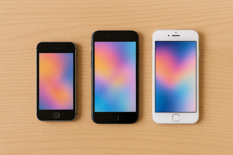 Three generations of iPhone SE with Home buttons lying on a light oak desk